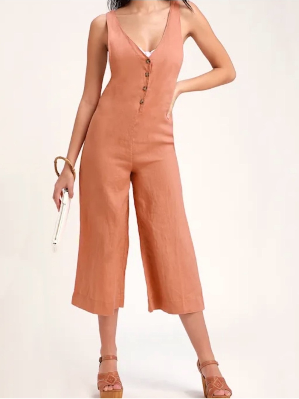 Rhythm V-Neck Button Front Wide-Leg Jumpsuit in Terracotta
